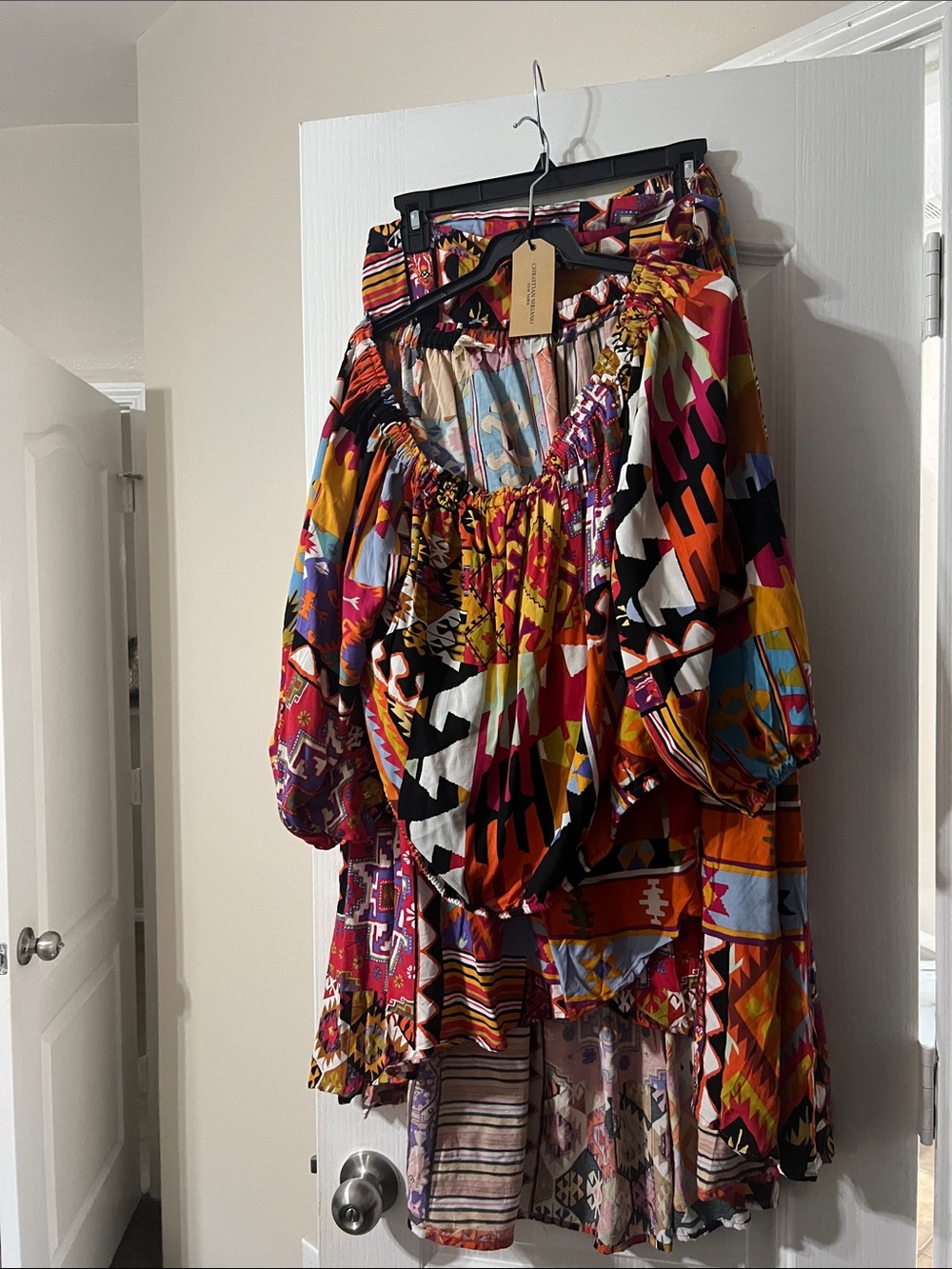 Christian Siriano Vibrant Aztec High-Low Skirt in Red, Orange, Blue & Black